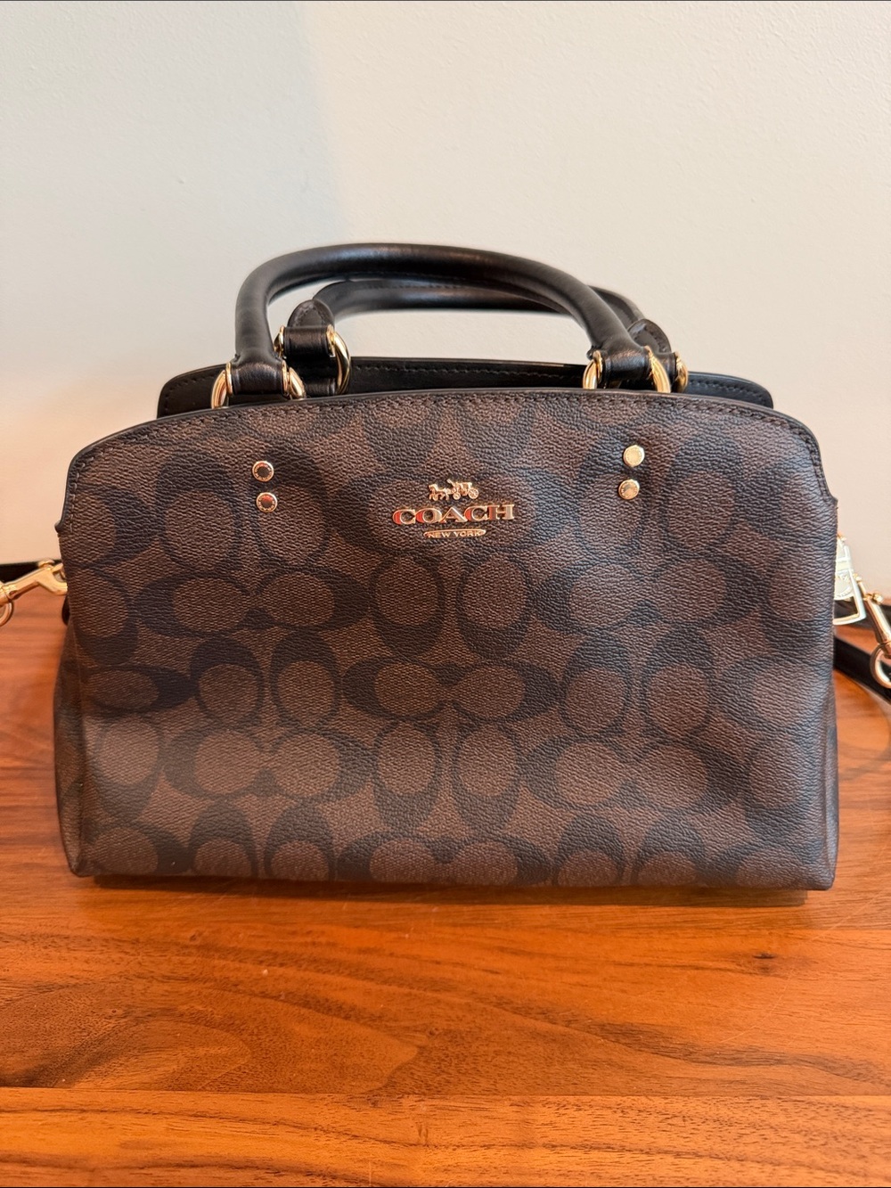 Coach 91494 Lillie Brown Signature Canvas Satchel with Black Handles